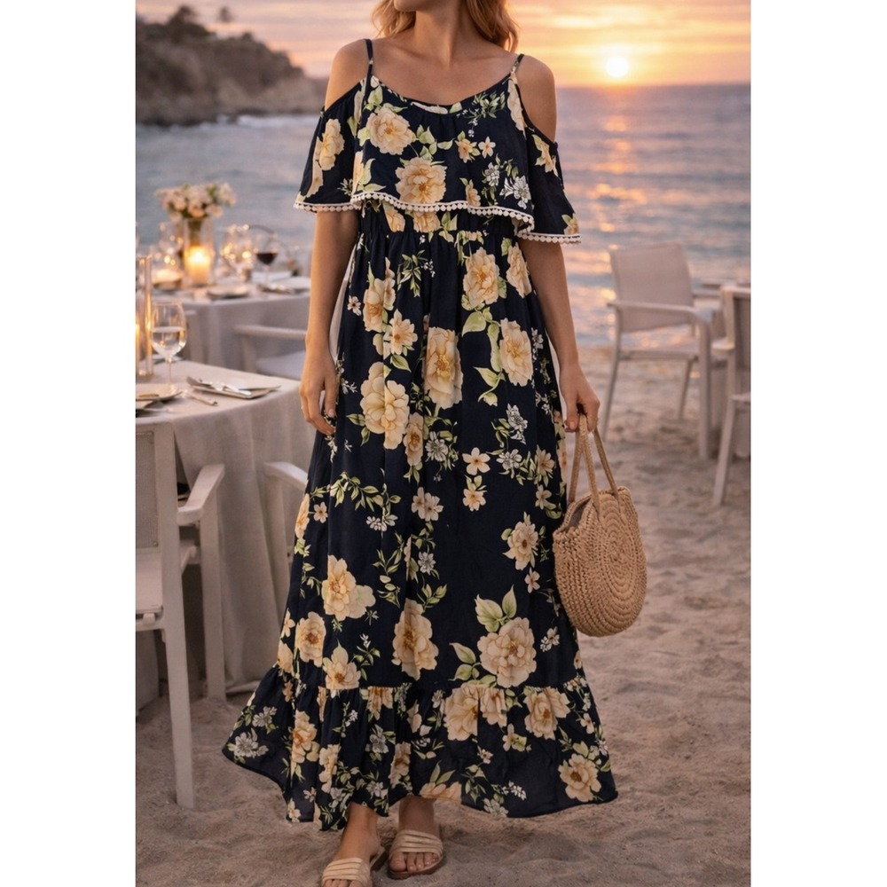 Cold-Shoulder Navy Floral Maxi Dress